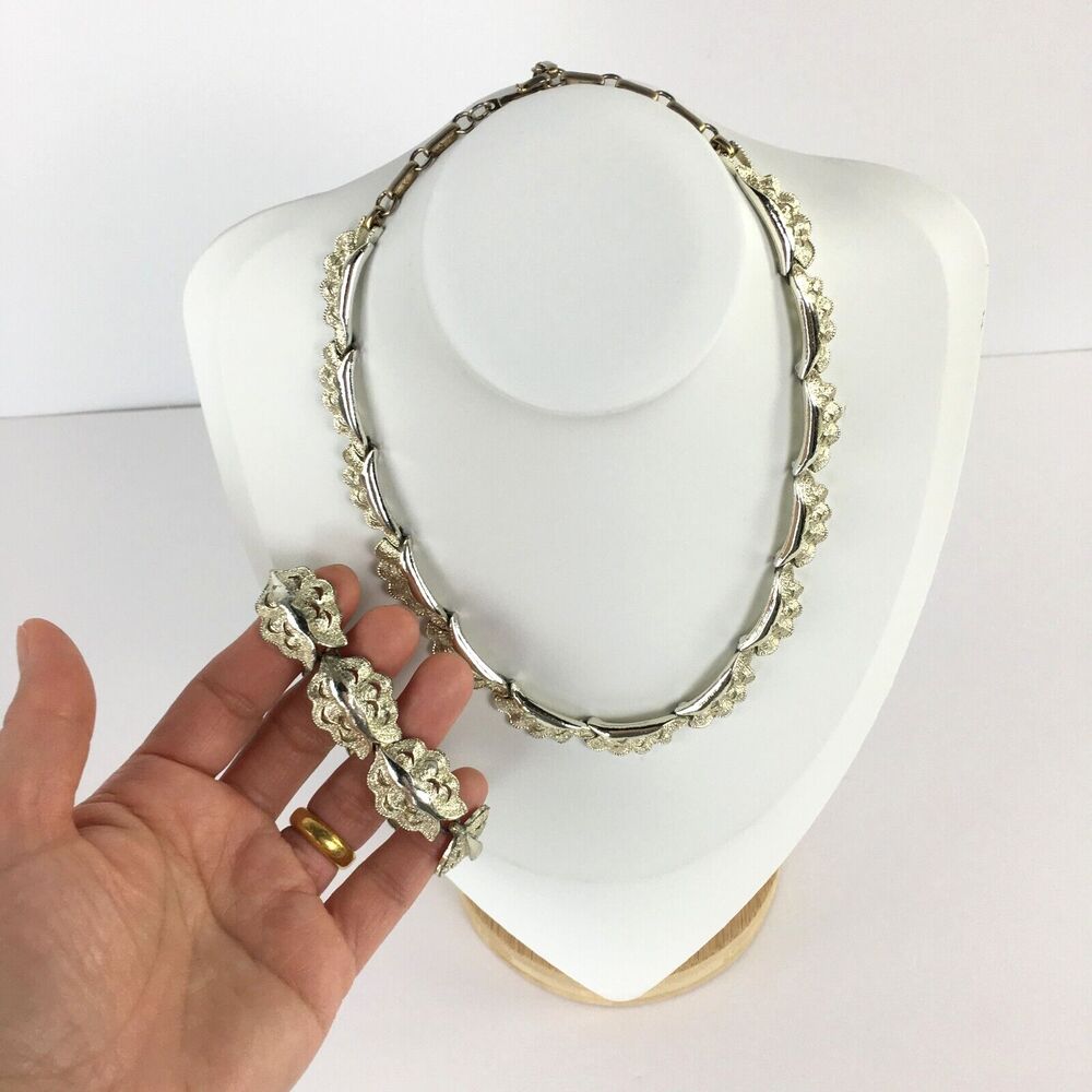 Vintage Coro Signed Silver Tone Swirls Statement Necklace and Bracelet Set of 2 - Picture 2 of 16
